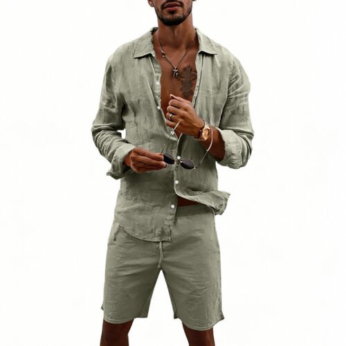 Men's Linen Casual Loose-Fit Long-Sleeve Shirt And Shorts Set