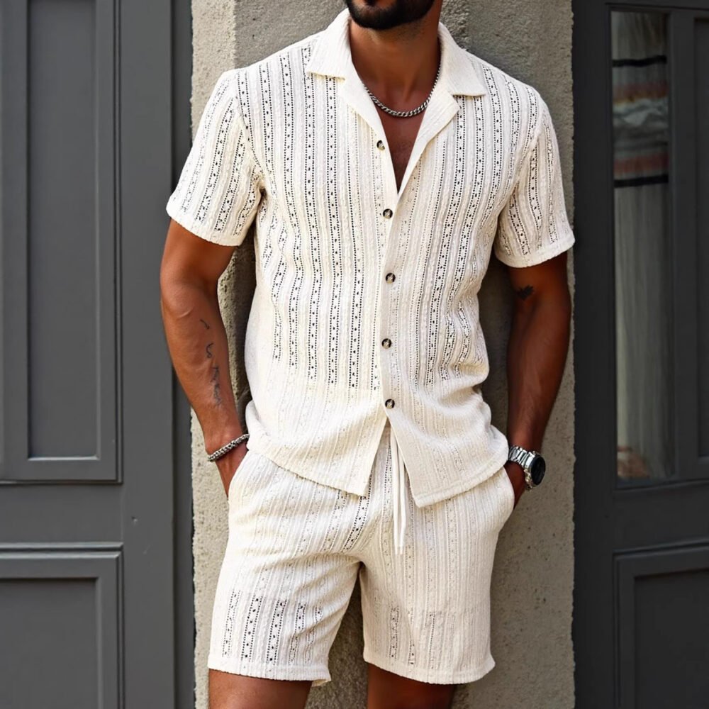 Mens Hollow-Out Breathable Short-Sleeve Shirt And Shorts Set