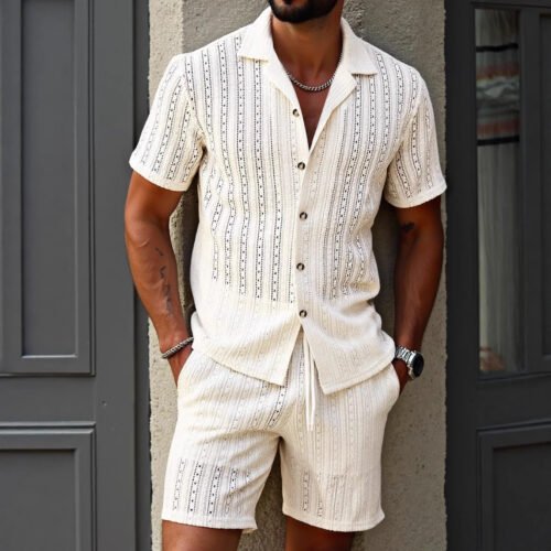Mens Hollow-Out Breathable Short-Sleeve Shirt And Shorts Set