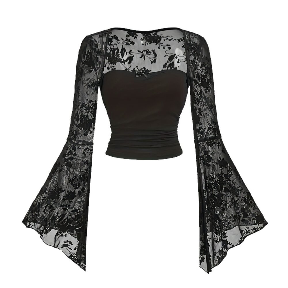 Lace-embellished Chic And Sexy Mesh Long-sleeve Top