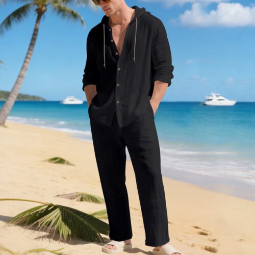 Loose, Breathable Linen Casual Hooded Long-sleeve Shirt And Pants Set