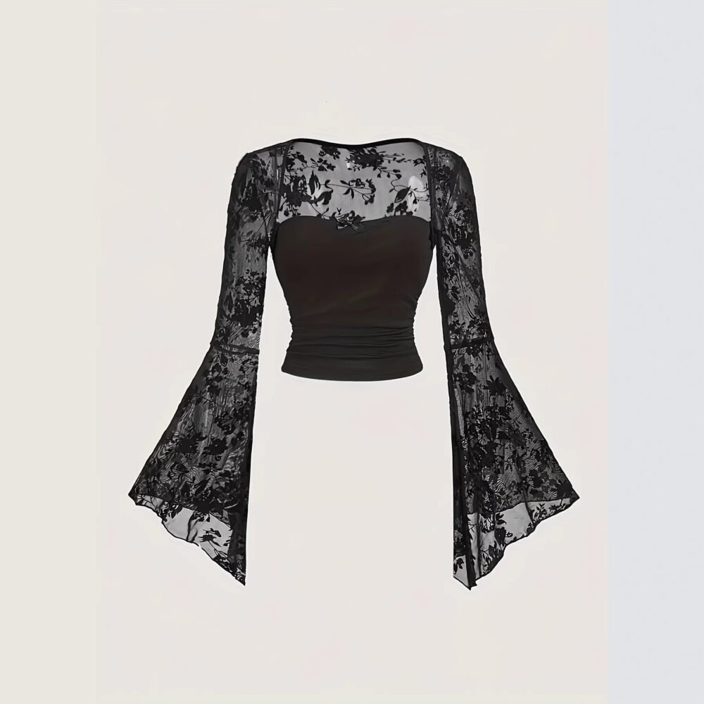 Lace-embellished Chic And Sexy Mesh Long-sleeve Top