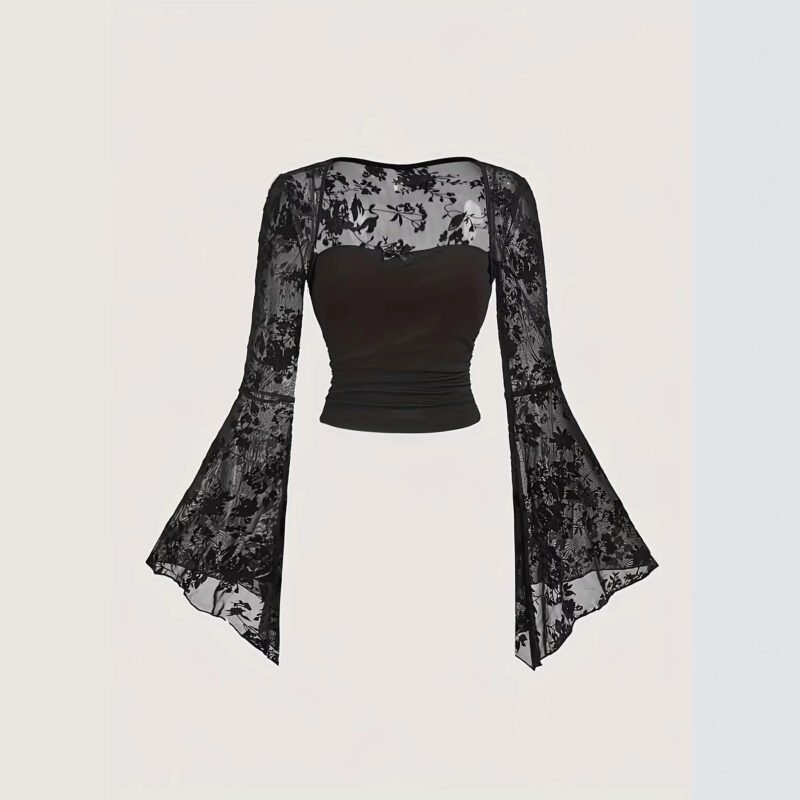 Lace-embellished Chic And Sexy Mesh Long-sleeve Top
