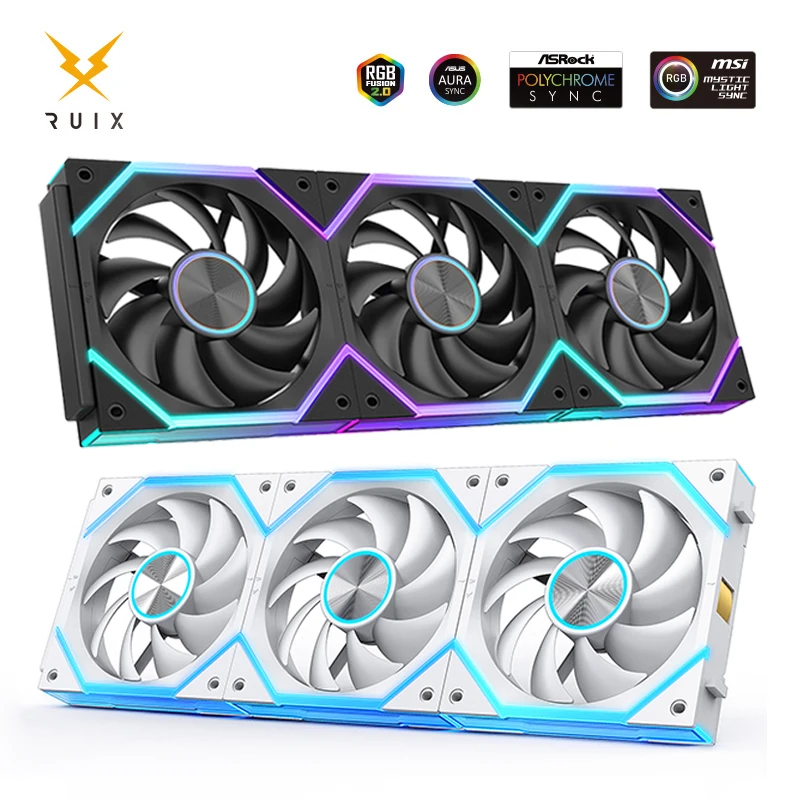 Ruix J2 Wire-Splicing PC Case Cooling Fan Mirror ARGB PWM Quiet Cycle Light Effect Fan 800-2000RPM  360mm120mm Water Cooler Fan