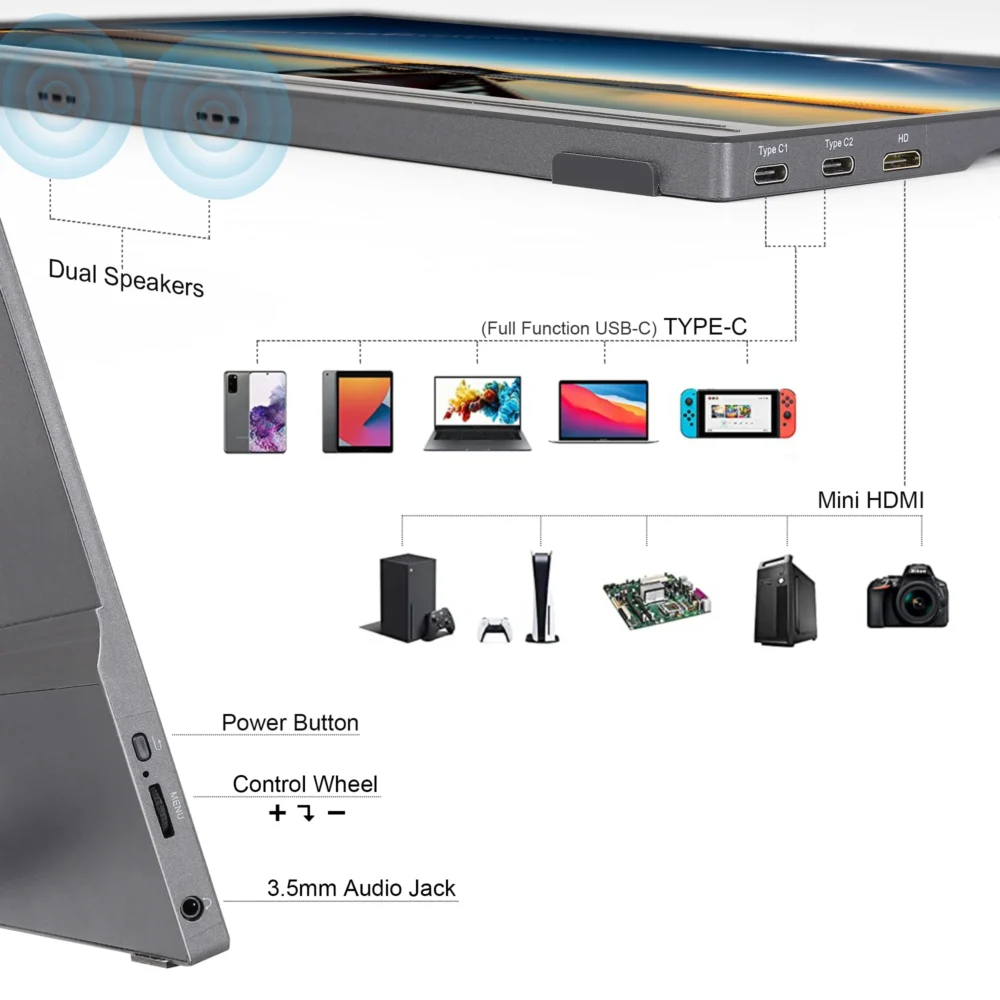 SIBOLAN 14-Inch Portable Dual Monitor Laptop Screen Extender IPS FHD 1920*1080 Panel Backlit LCD Dual Portable Screen Type C