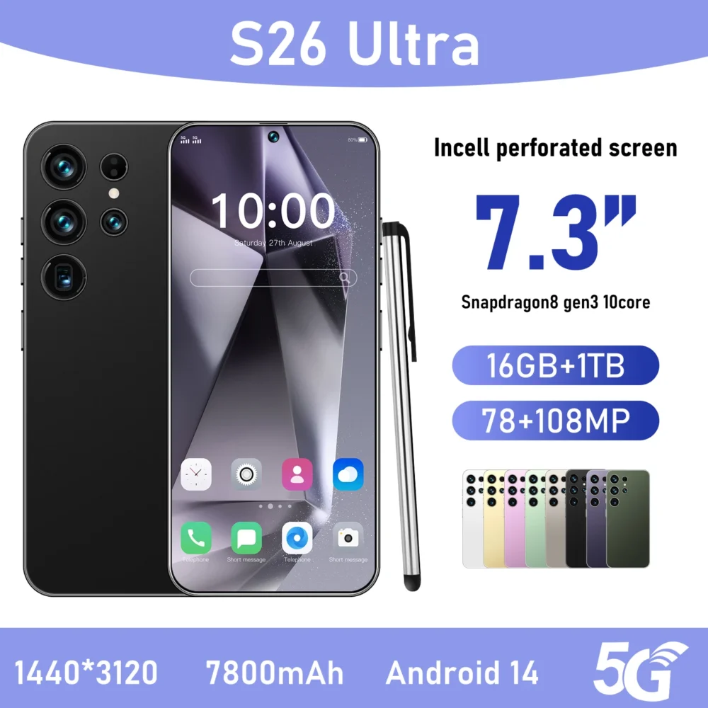 S26Ultra Smart Phone 5G Dual Core CPU 128GB ROM Dual SIM 2K Resolution Screen 16GB RAM English Operating CDMA LTE Mobile Phones