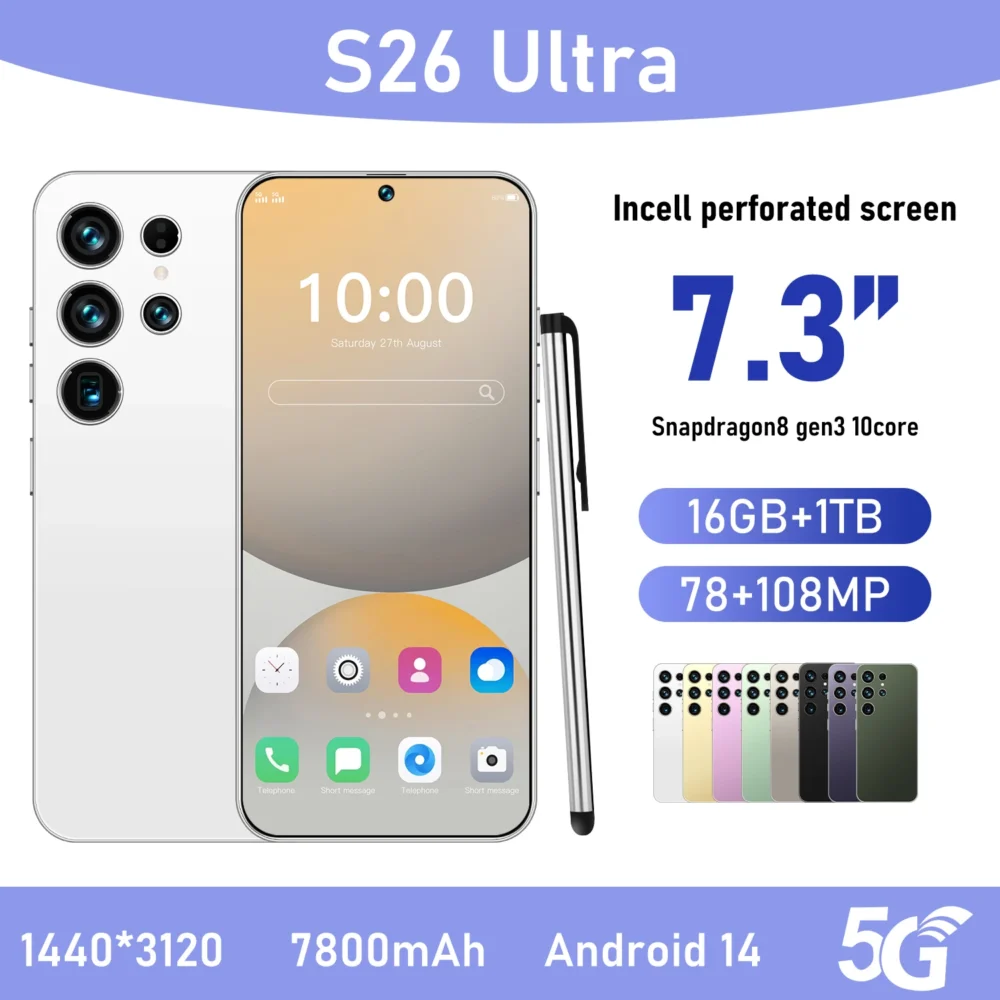 S26Ultra Smart Phone 5G Dual Core CPU 128GB ROM Dual SIM 2K Resolution Screen 16GB RAM English Operating CDMA LTE Mobile Phones
