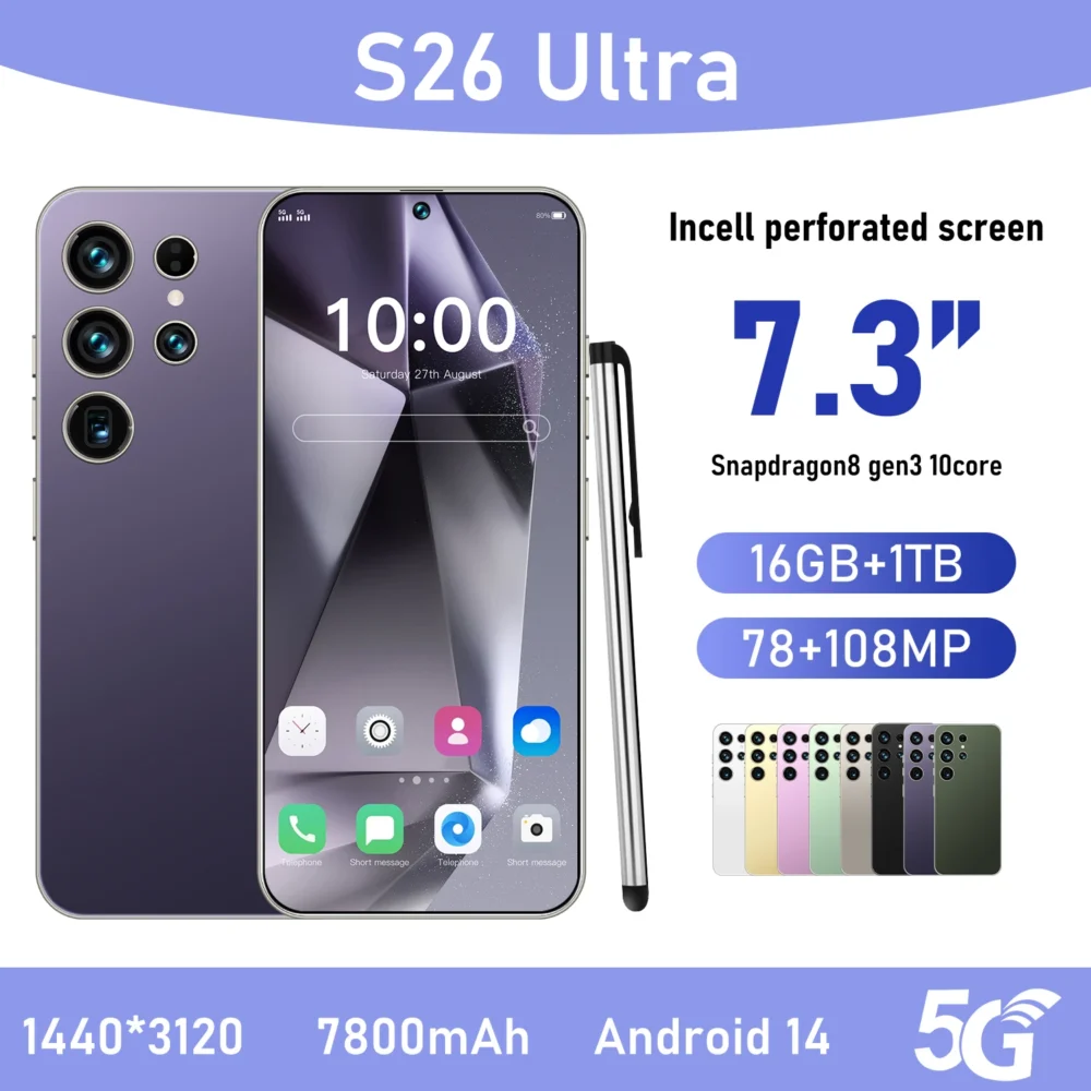 S26Ultra Smart Phone 5G Dual Core CPU 128GB ROM Dual SIM 2K Resolution Screen 16GB RAM English Operating CDMA LTE Mobile Phones