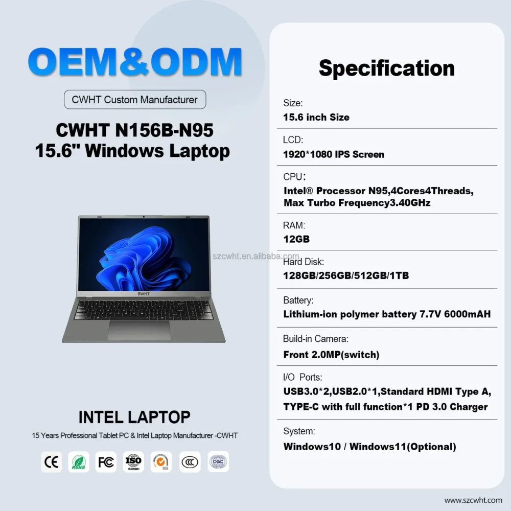 Gaming Laptop 15.6 Inch Quad-Core N95 CPU RAM 12GB SSD 256GB 512GB 1T Slim Notebooks Laptop Computer Student Laptops Brand New