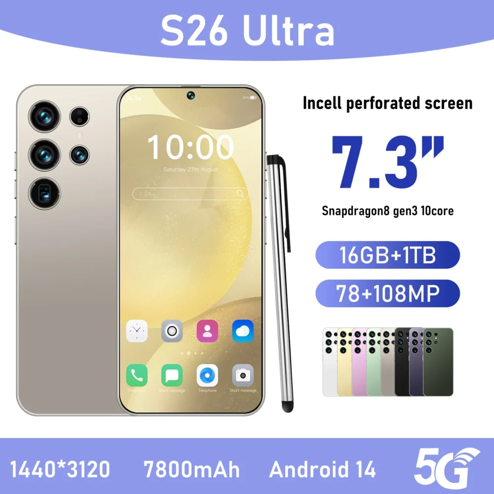 S26Ultra Smart Phone 5G Dual Core CPU 128GB ROM Dual SIM 2K Resolution Screen 16GB RAM English Operating CDMA LTE Mobile Phones