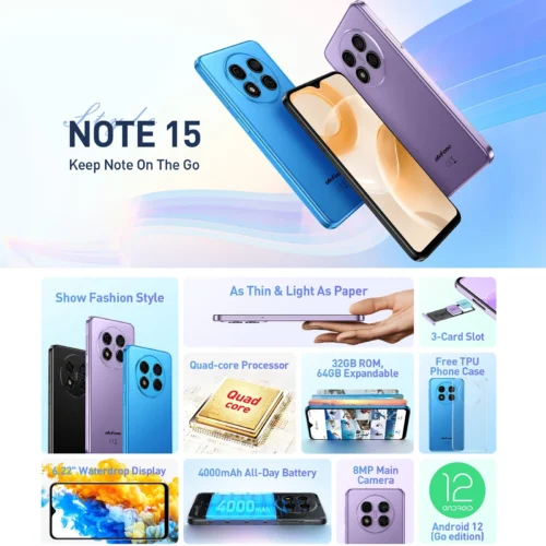Smart Cheap Unlocked Cell Phones Ulefone Note 15 Smartphone 2GB+32GB 6.22 Inch Android 12 Mobile Phone
