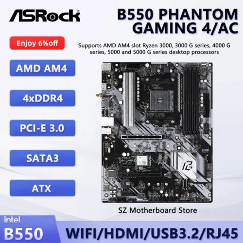 ASROCK B550 PHANTOM GAMING 4/AC AMD B550 Motherboard ATX For Socket AM4 AMD Ryzen 5600X 5800X 5900X 3600 DDR4 PCIe 4.0 M.2 PCI-E