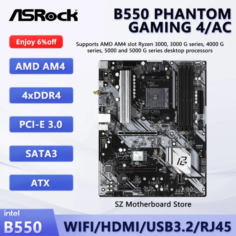 ASROCK B550 PHANTOM GAMING 4/AC AMD B550 Motherboard ATX For Socket AM4 AMD Ryzen 5600X 5800X 5900X 3600 DDR4 PCIe 4.0 M.2 PCI-E