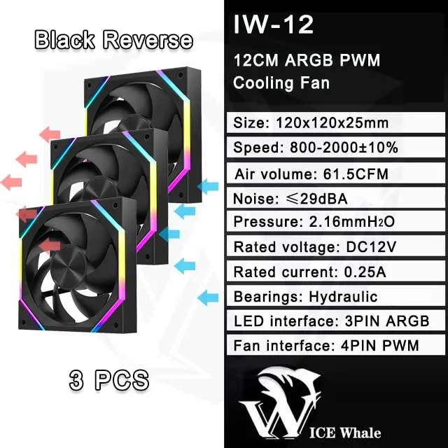 ICE Whale IW-12 Computer PC Case Fan 120mm ARGB 4Pin PWM Cooling Fan Motherboard Sync 61.5CFM/2000RPM CPU Cooler Ventilator