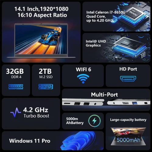 LENO 14.1" Portable Laptop Computer Intel Core i7 8650U  Windows 11 Pro 32GB DDR4 1TB 512GB 2TB SSD Notebook PC Gaming Laptops