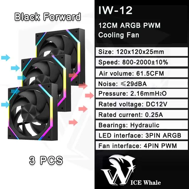 ICE Whale IW-12 Computer PC Case Fan 120mm ARGB 4Pin PWM Cooling Fan Motherboard Sync 61.5CFM/2000RPM CPU Cooler Ventilator