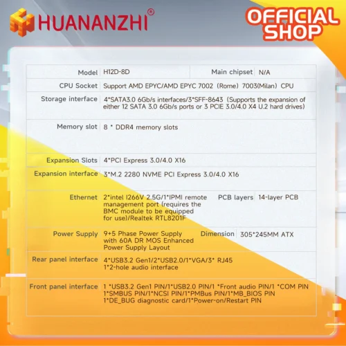 HUANANZHI H12D 8D AMD  Motherboard with BMC module support AMD EPYC 7002 7003 series CPU 8 channel memory Dual 2.5G network IPMI
