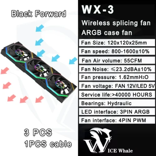 ICE Whale WX-3 Wire-Splicing PC Case Cooling Fan 3PIN ARGB Mirror Cycle Light Effect 800-1600RPM PWM Water Cooling Cooler Fan