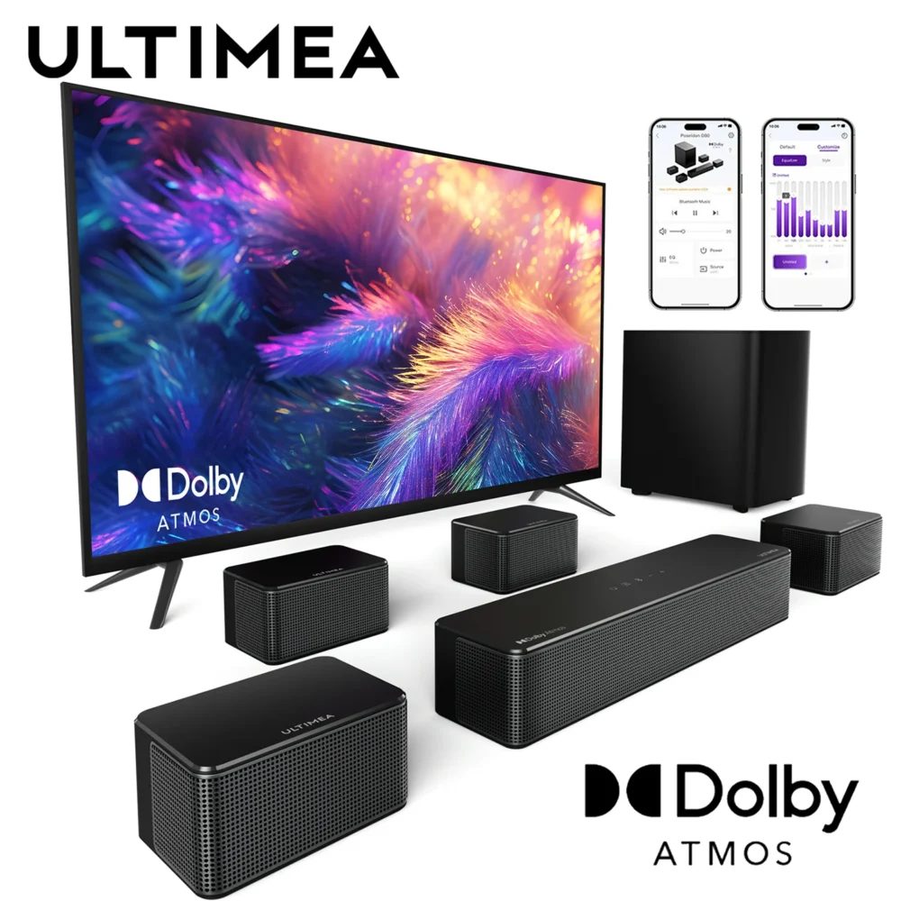 ULTIMEA Poseidon D80 7.1 Surround Soundbar with Dolby Atmos, Wireless Subwoofer&4 Speakers, Home Theater System with APP Control