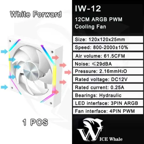 ICE Whale IW-12 Computer PC Case Fan 120mm ARGB 4Pin PWM Cooling Fan Motherboard Sync 61.5CFM/2000RPM CPU Cooler Ventilator
