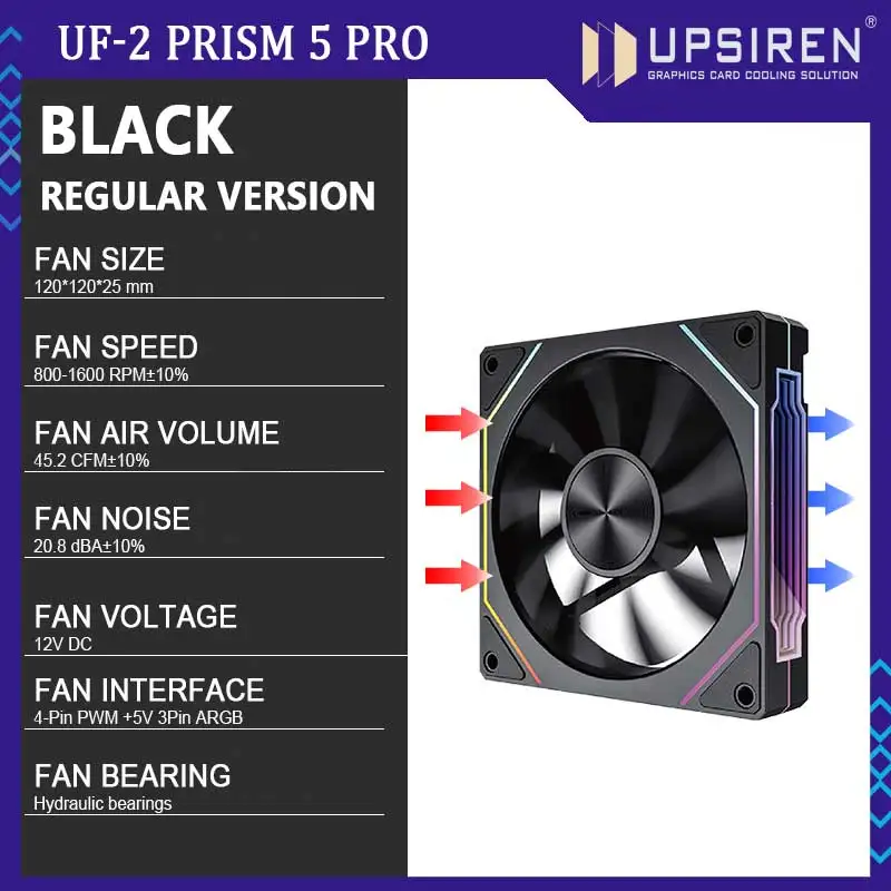 UPSIREN UF-2 PRISM 5 PRO 12CM ARGB Large Air Volume Computer Chassis Fan Regular version/Reversed version Dual mode selection