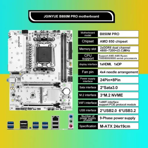 JGINYUE B850M Pro Motherboard Set With AMD Ryzen 7 7800X3D CPU And 2*16GB DDR5 6000MHz Memory Support M.2 NVME SATA 3.0 ARGB