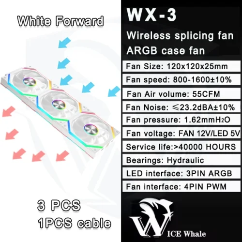 ICE Whale WX-3 Wire-Splicing PC Case Cooling Fan 3PIN ARGB Mirror Cycle Light Effect 800-1600RPM PWM Water Cooling Cooler Fan