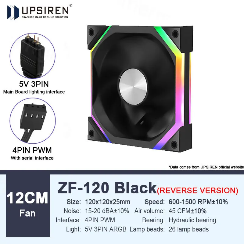 UPSIREN ZF-120 Computer Case Fan 12cm ARGB 4Pin PWM Quiet Cooling Fan 12V Large Air Volume 45CFM/600-1500RPM Use 26 lamp beads