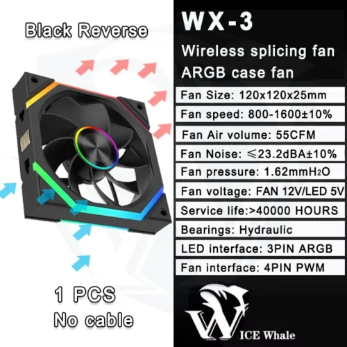 ICE Whale WX-3 Wire-Splicing PC Case Cooling Fan 3PIN ARGB Mirror Cycle Light Effect 800-1600RPM PWM Water Cooling Cooler Fan