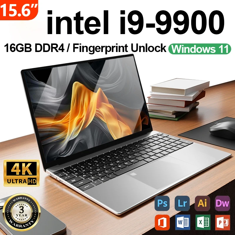 New Office Laptop Intel Core i9 9900 15.6 inch 4K HD Screen Windows 11 16GB RAM 1TB SSD Portable Slim Laptops PC Gamer Computer