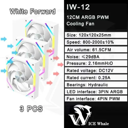 ICE Whale IW-12 Computer PC Case Fan 120mm ARGB 4Pin PWM Cooling Fan Motherboard Sync 61.5CFM/2000RPM CPU Cooler Ventilator