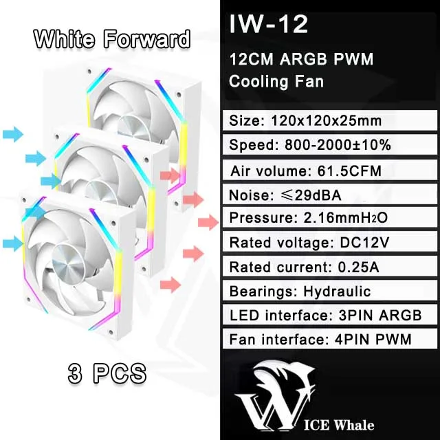 ICE Whale IW-12 Computer PC Case Fan 120mm ARGB 4Pin PWM Cooling Fan Motherboard Sync 61.5CFM/2000RPM CPU Cooler Ventilator