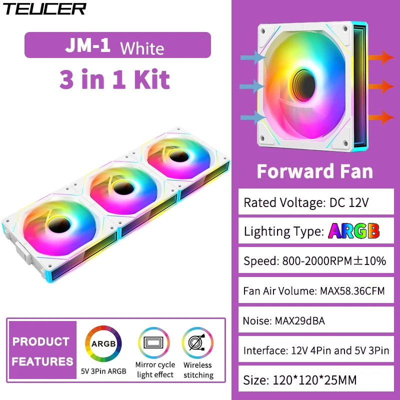 TEUCER JM-1 Case Fan Water Cooling 360mm Cooler Fan PC Cooling Fan 120mm 800-2000RPM PWM ARGB Mirror Cycle Light Effect Case Fan