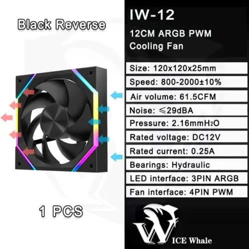 ICE Whale IW-12 Computer PC Case Fan 120mm ARGB 4Pin PWM Cooling Fan Motherboard Sync 61.5CFM/2000RPM CPU Cooler Ventilator