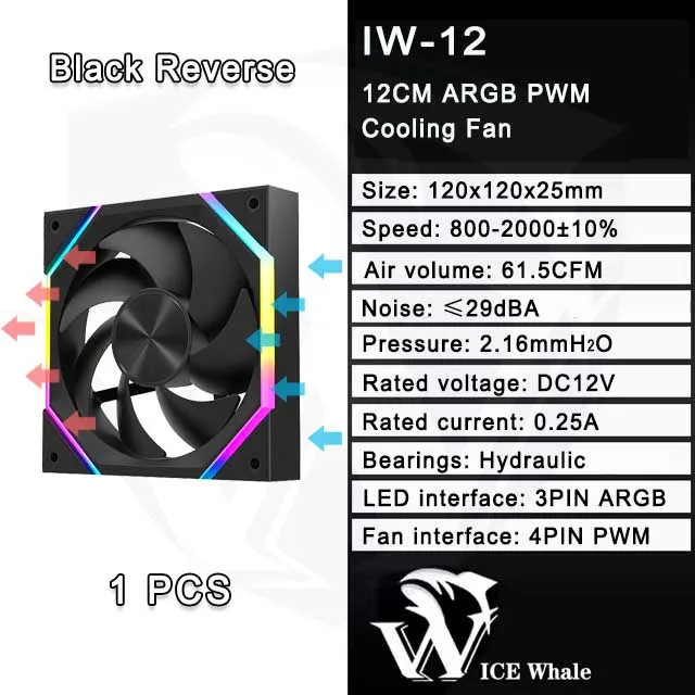 ICE Whale IW-12 Computer PC Case Fan 120mm ARGB 4Pin PWM Cooling Fan Motherboard Sync 61.5CFM/2000RPM CPU Cooler Ventilator