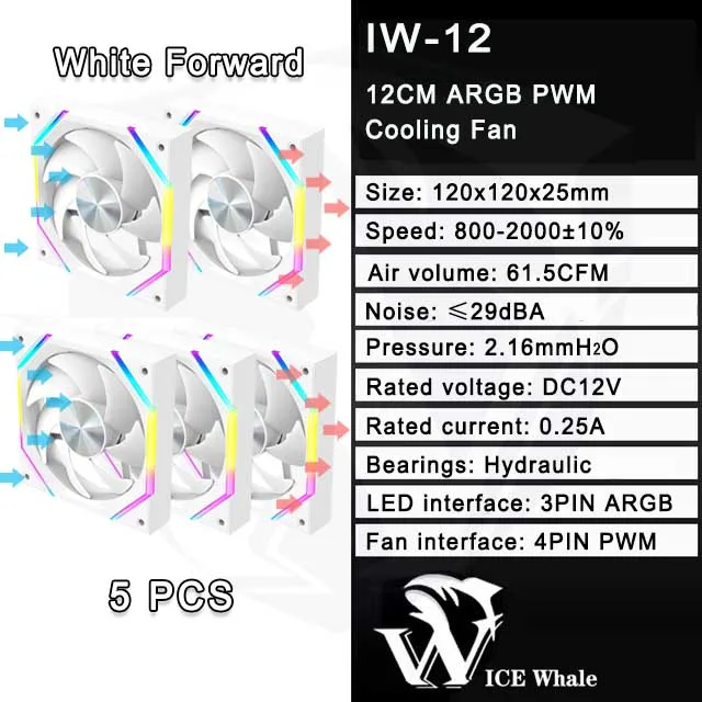 ICE Whale IW-12 Computer PC Case Fan 120mm ARGB 4Pin PWM Cooling Fan Motherboard Sync 61.5CFM/2000RPM CPU Cooler Ventilator