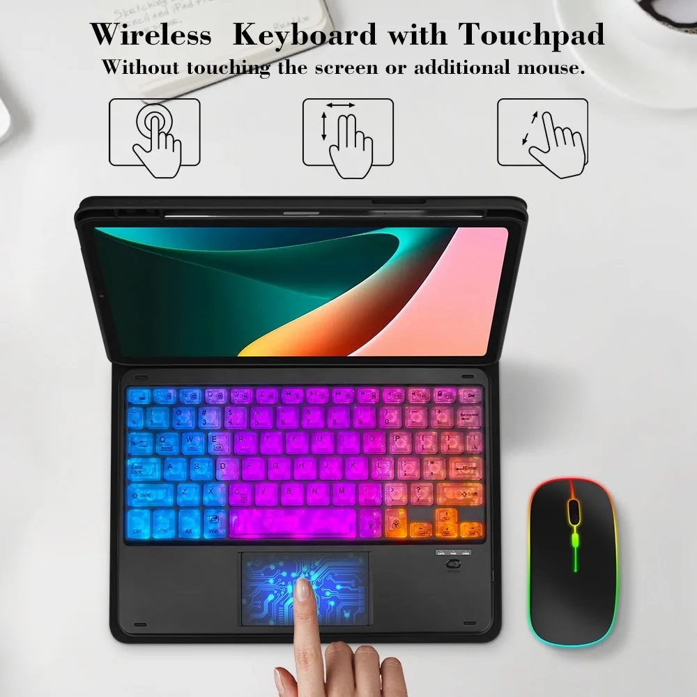 RGB Rainbow Backlit Wireless Bluetooth Keyboard Touchpad and Mouse Wireless Spanish Korean Keyboard for iPad Laptops Tablet PC