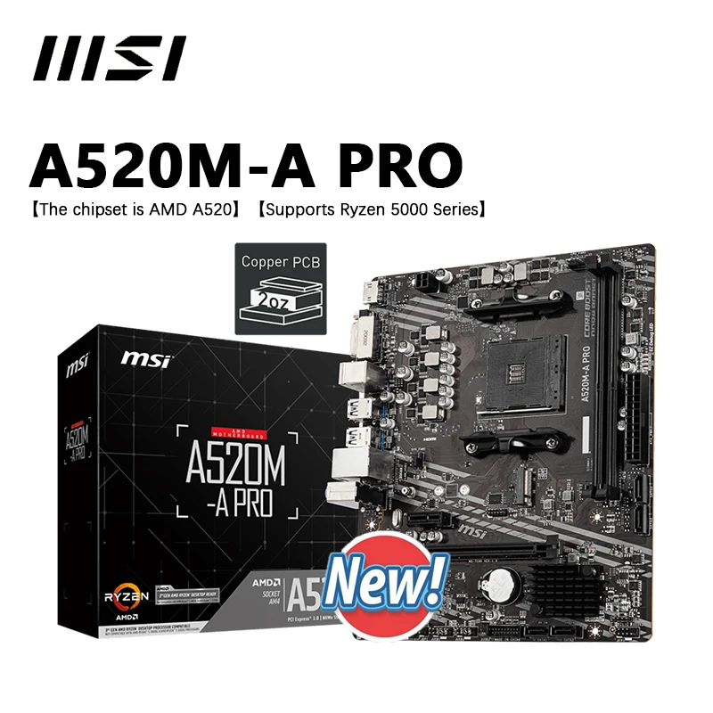 New MSI A520M A PRO Micro ATX AMD A520 DDR4 M.2 USB3.2 STAT 3.0 SSD/64G Best support R9 desktop CPU Socket AM4 Motherboard