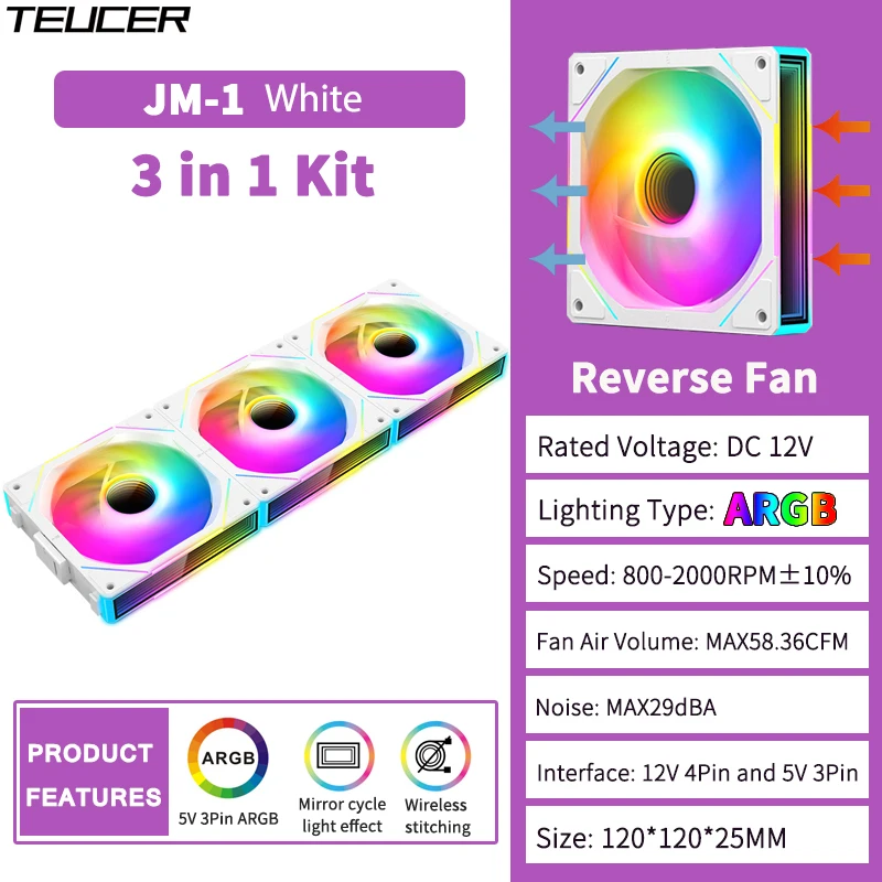 TEUCER JM-1 Case Fan Water Cooling 360mm Cooler Fan PC Cooling Fan 120mm 800-2000RPM PWM ARGB Mirror Cycle Light Effect Case Fan