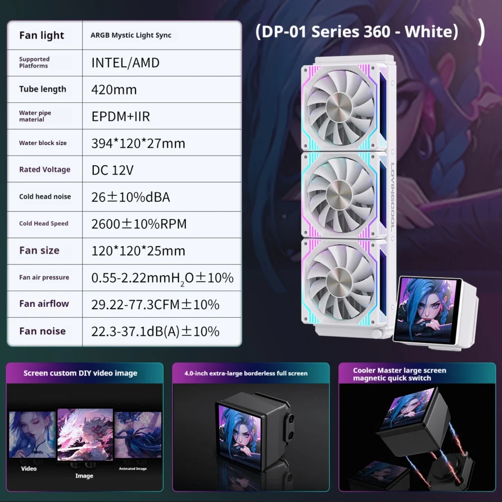LOVINGCOOL DP series 360/240 CPU liquid cooler 4.0-inch super large frameless magnetic full screen Can DIY water cooler radiator