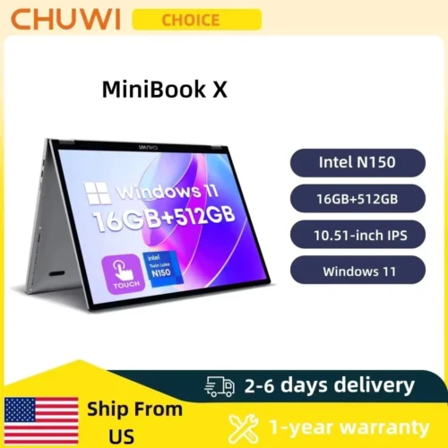 CHUWI MiniBook X 2-in-1 Touch Screen Laptop Intel N150 16GB LPDDR5 512G SSD 10.51"1920x1200 FHD Resolution Ultra-thin Notebook