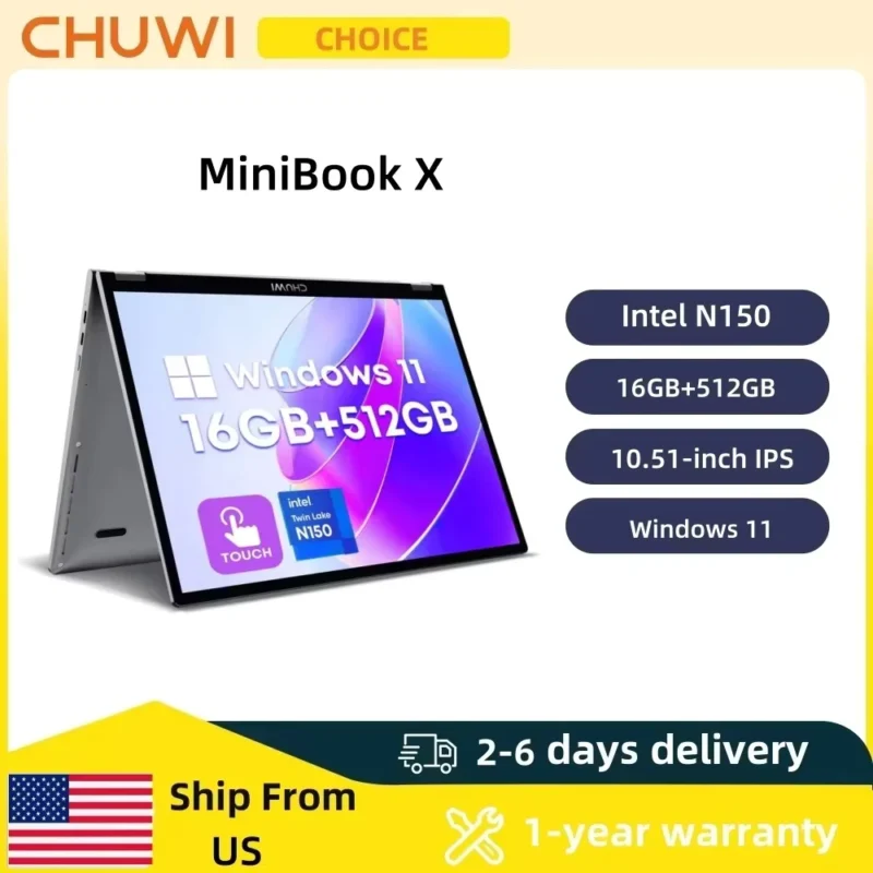 CHUWI MiniBook X 2-in-1 Touch Screen Laptop Intel N150 16GB LPDDR5 512G SSD 10.51"1920x1200 FHD Resolution Ultra-thin Notebook