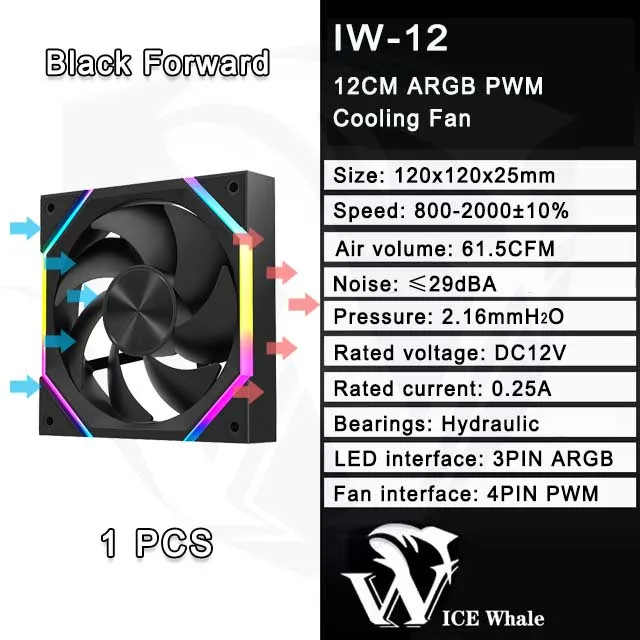 ICE Whale IW-12 Computer PC Case Fan 120mm ARGB 4Pin PWM Cooling Fan Motherboard Sync 61.5CFM/2000RPM CPU Cooler Ventilator