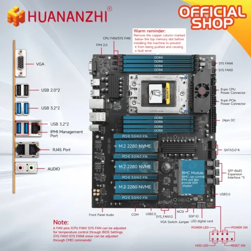 HUANANZHI H12D 8D AMD  Motherboard with BMC module support AMD EPYC 7002 7003 series CPU 8 channel memory Dual 2.5G network IPMI