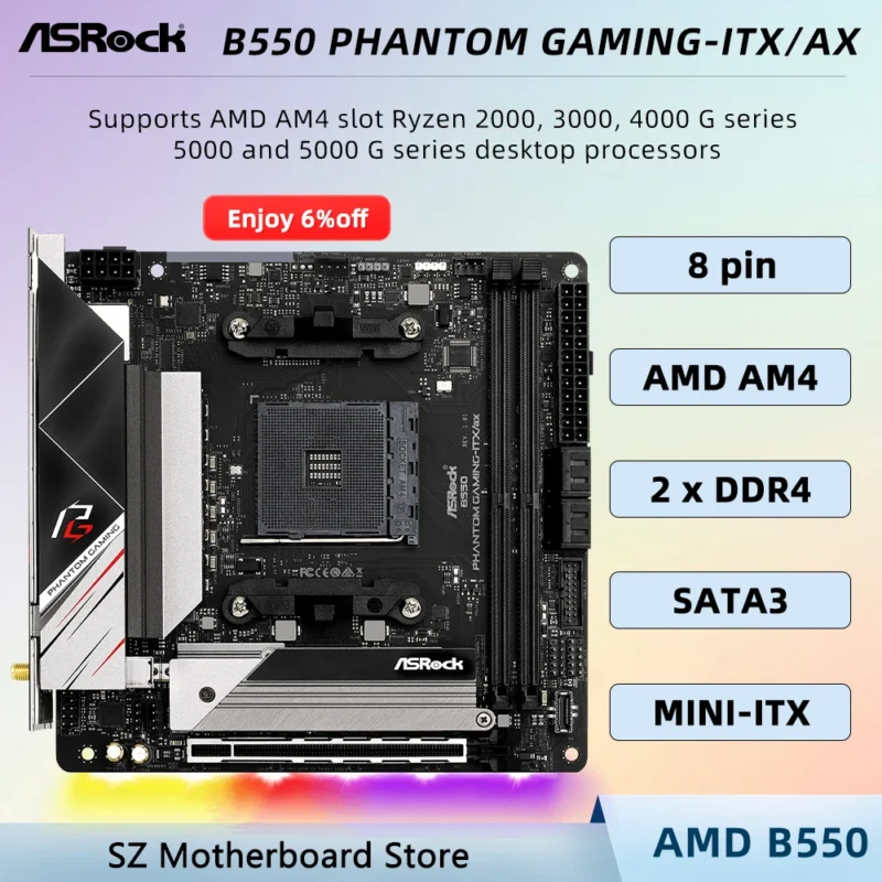 B550 Motherboard AM4 ASROCK B550 PHANTOM GAMING-ITX/AX Support CPU Ryzen 5 5600X 5600 7 5800X 9 5900X DDR4 M.2 Mini-ITXplaca mãe