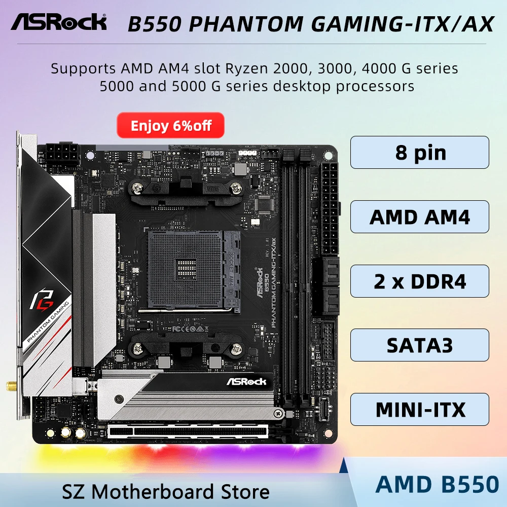 B550 Motherboard AM4 ASROCK B550 PHANTOM GAMING-ITX/AX Support CPU Ryzen 5 5600X 5600 7 5800X 9 5900X DDR4 M.2 Mini-ITXplaca mãe