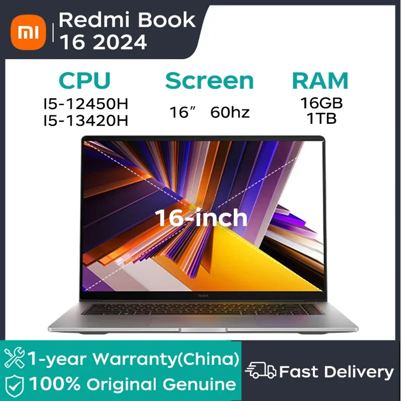 Xiaomi laptop RedmiBook 16 2024 Intel Core I5-12450H/13420H LPDDR5 Xiaomi Hyper 0S Connect 100W GaN charger Computer Notebook PC