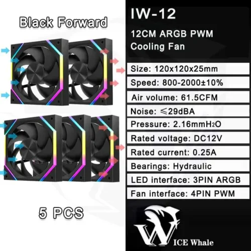 ICE Whale IW-12 Computer PC Case Fan 120mm ARGB 4Pin PWM Cooling Fan Motherboard Sync 61.5CFM/2000RPM CPU Cooler Ventilator