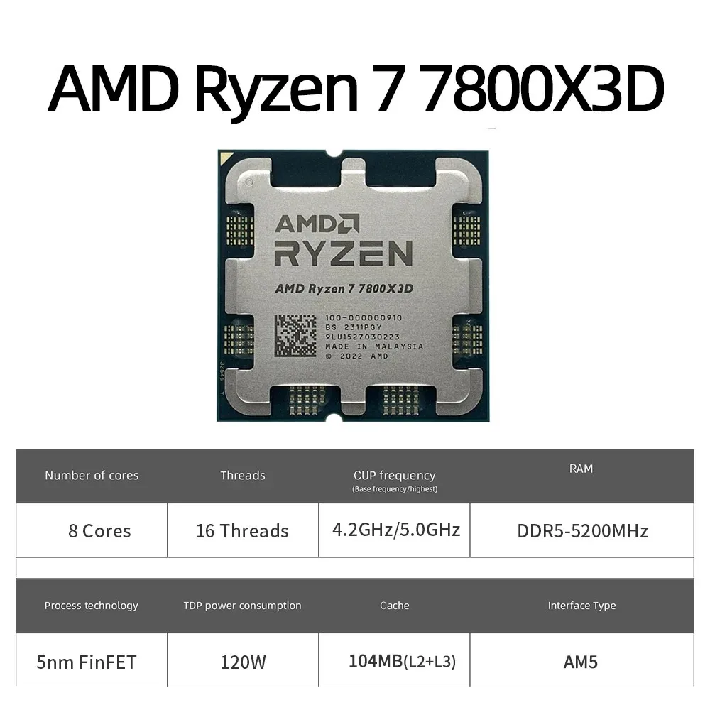 AMD Ryzen 7 7800X3D R7 7800X3D CPU 8-Core 16-Thread 5GHz Unlocked Desktop Processor Socket AM5 Gaming CPU Without Packag