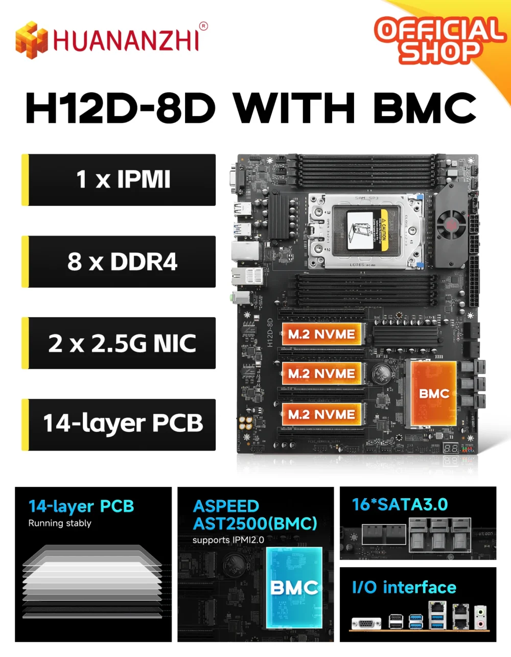 HUANANZHI H12D 8D AMD  Motherboard with BMC module support AMD EPYC 7002 7003 series CPU 8 channel memory Dual 2.5G network IPMI
